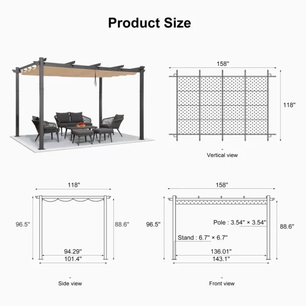 Aluminium Pergola with Adjustable Grey Canopy for Outdoor Spaces