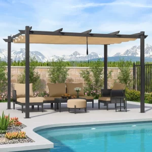 Aluminium Pergola with Adjustable Grey Canopy for Outdoor Spaces