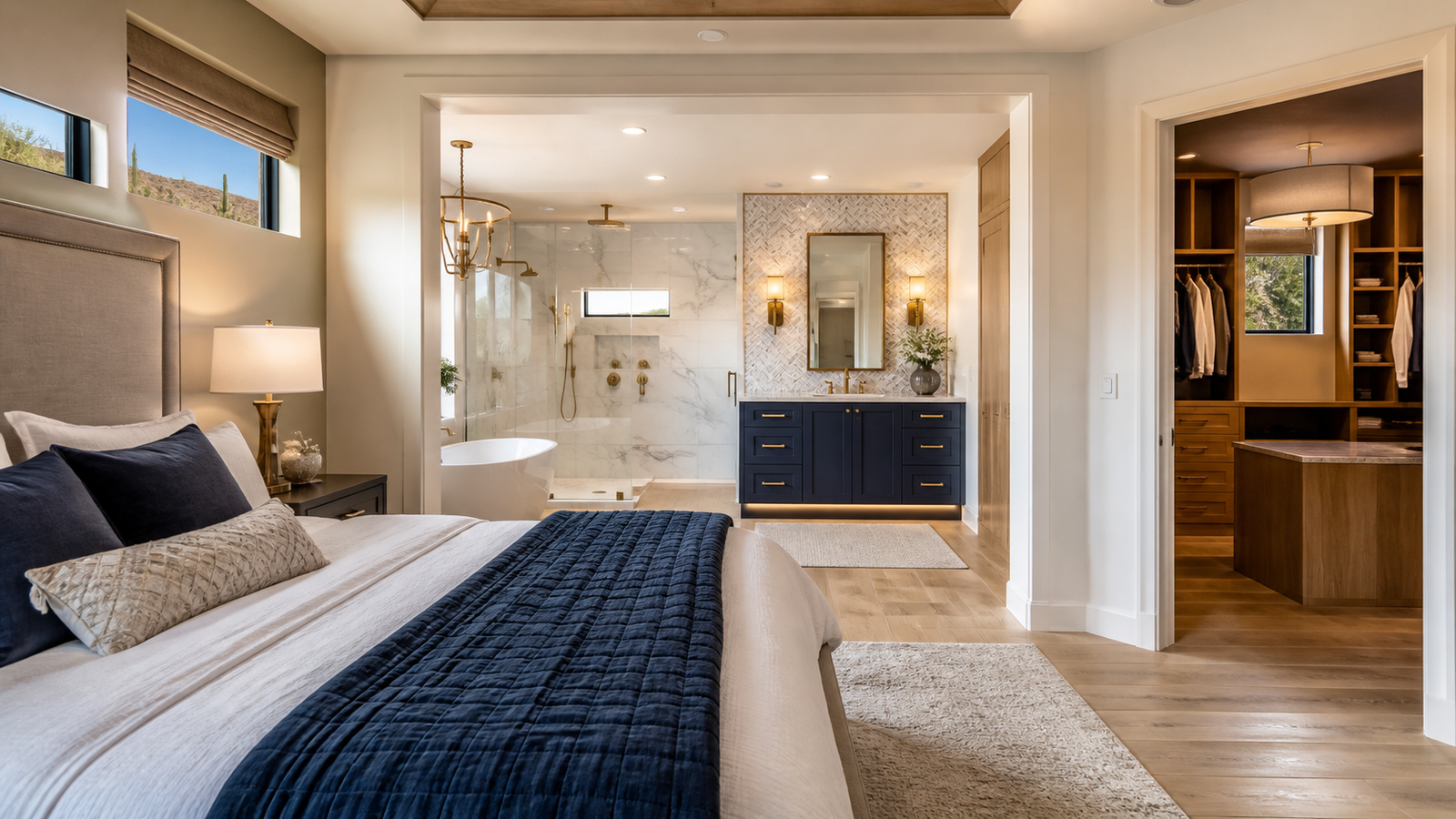 Luxury primary suite remodel with coordinated bedroom, bathroom, and custom closet