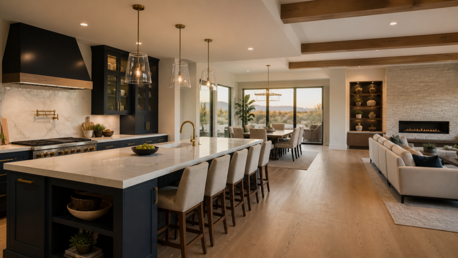 Kitchen and connected living-space design inspiration with an island, cabinetry and continuous flooring